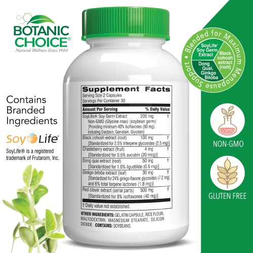Botanic Choice Natural Menopause Hot Flash Relief Balance Supplement For Women - Powerful Herbal Blend With Black Cohosh, Soy, Red Clover - Gluten Free - 60 Capsules #TOP1