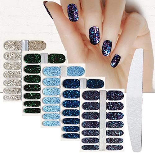 BornBeauty 5pcs Nail Wraps Blue Black Polish Decals with 1Pcs Nail File Adhesive Shine Nail Art Stickers Manicure Kits for Women Girls (Blue)