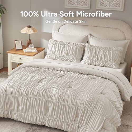 Image of Andency Ruched Oversized Queen Comforter Set Linen, 7 Pieces Ruffle Bed in a Bag, Shabby Chic Pleat Bedding Set with Comforter, Sheets, Pillowcase & Sham, Lightweight, Soft, All Season