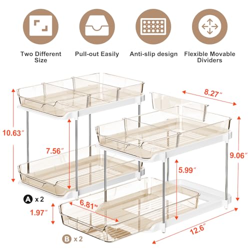 Image of Delamu 2-Tier Multi-Purpose Bathroom Under Sink Organizers and Storage, Stackable Kitchen Pantry Organization, Pull Out Medicine Cabinet Organizer with Movable Dividers, Amber, 4 Pack