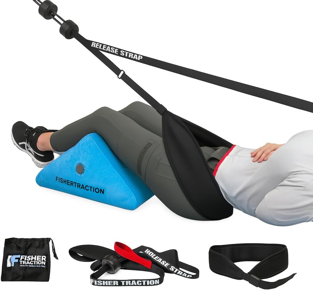 Fisher Traction Lower Back Decompression Device – Lumbar Traction for Spinal Decompression – Patented Stretcher Strap Release for Spinal Rehydration – Lightweight & Portable (Under 230 lbs)