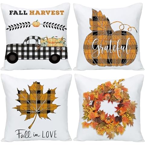 18x18 Fall Pillow Cover Set of 4 Harvest Buffalo Plaid Wreath Pumpkin Maple Leaves Truck Throw Pillows Cases Thanksgiving Halloween Decorative Autumn Cushion Covers 18"x18" for Couch Sofa Home Decor Cover