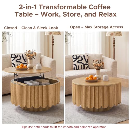 Image of Round Lift Top Coffee Table with Storage,Fluted Circle Coffee Table,Natural