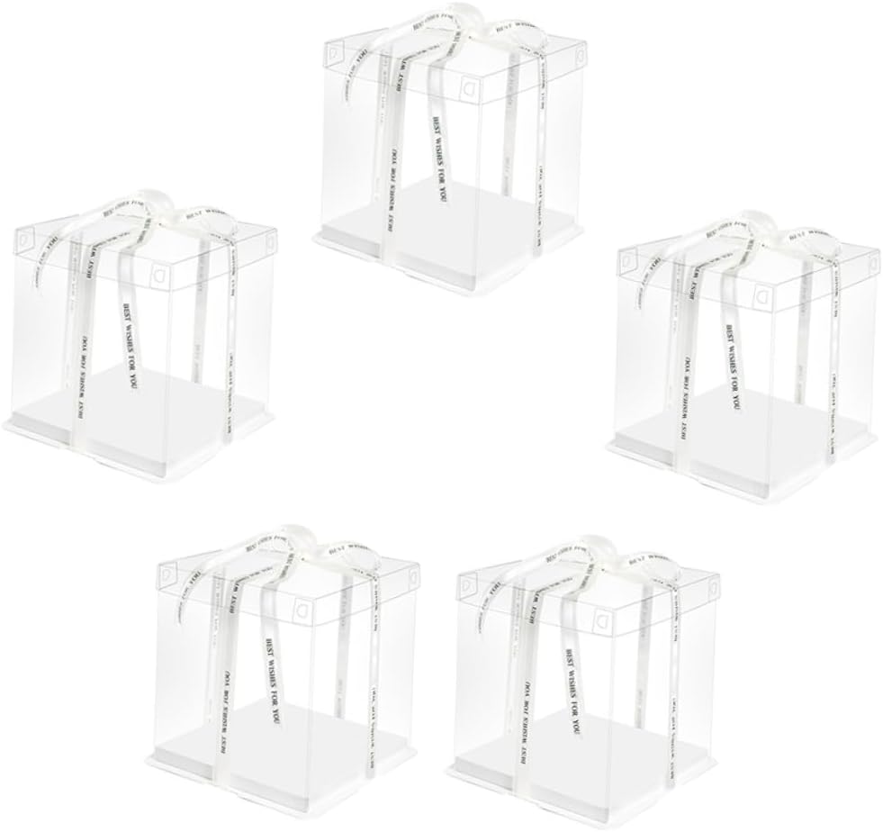 8-inch Square Cake Storage Box Set of 5, Tall Single-layer Food-grade Plastic Cake Carrier with Ribbon for Birthday Party and Bakery Packaging