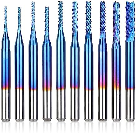 SainSmart Genmitsu 10Pcs Nano Blue Coat End Mill CNC Router Bits, 0.8-3mm, 1/8" Shank