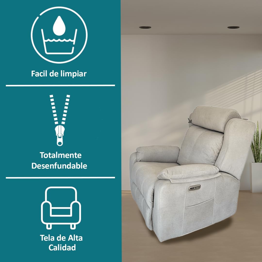 Sillon Relax Reclinable Eléctrico, Gravedad Cero | Con Cabezal Eléctrico, Desenfundable, Espuma Suave, Puerto USB | Madera de Pino | Sillones para el Salon | Silla Sofa | Sillones Modernos | Beige