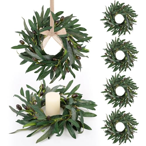 Image of 6 Pcs Artificial Spring Olive Candle Rings Wreaths Greenery Wreath with Olive Leaves Spring Summer Kitchen Cabinet Wreath for Pillars Farmhouse Festival Wedding Celebrations Tabletop Decoration