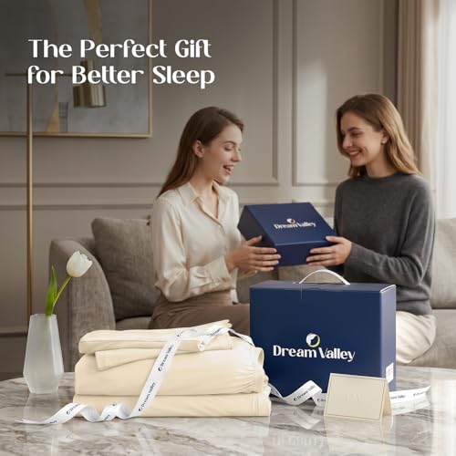 Image of Dream Valley Cooling Sheets Queen Size, Cooling Fitted Breathable Bed Sheets & Flat Sheet with 2 Pillowcases-4 PCS for Night Sweats & Hot Sleepers, Q-Max >0.45 Aerocool, Deep Pocket 16 inch, Light Beige