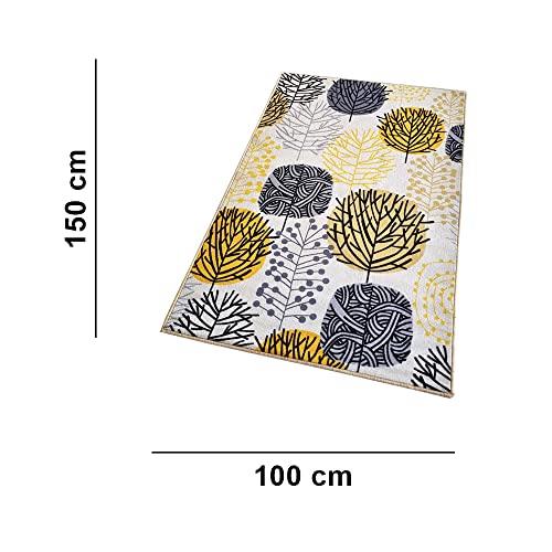 Image of Matz&More Floral Circle Tree Rug | 100x150 CM | Beige Yellow | Soft Nylon Loop Pile with Anti-Slip Gel Backing | Living Room, Bedroom & Office Floor Carpet