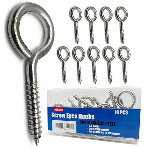 10 PCS M6 304 Stainless Steel Screw Eyes Hook, 3.2 Inches Eyes Screw Hooks, Indoor &amp; Outdoor Uses, 200 Lbs Capacity