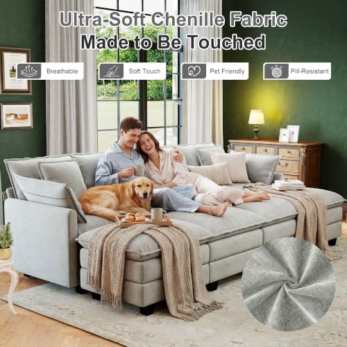 Image of 107 inch Cloud Couch Sectional Modular Sofa, Deep Seat Couches with Ottoman and Removable Washable Pillows for Living Room, Bedroom, Apartment, Light Grey