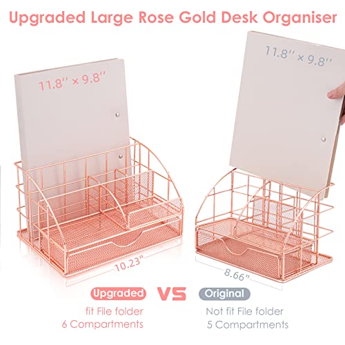 ARCOBIS Rose Gold Desk Organizer and Accessories, Upgraded Large Office Supplies Desk Organization for Women, Cute Desk Caddy with Pen Holder, 6 Compartments+1 Large Drawer+72 Clips Set