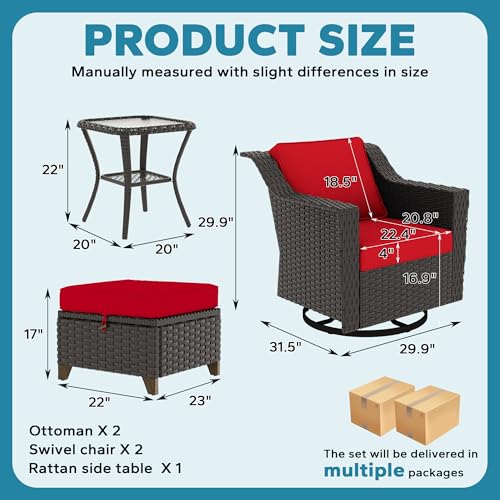 Image of 5 Pieces Patio Conversation Furniture Set - Swivel Chairs with Ottomans Set of 2, 1 Side Table, Outdoor Wicker Furniture Set with Washable Cushions for Porch, Balcony, Sunroom (Red) | Patio Chair Set with Olefin Removable Cushion, All-Weather Glider Swivel Chair Set with Deep Seat for Porch, Deck, Red