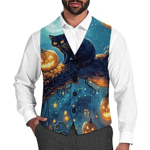 Halloween Cat Suit Vest for Men Waistcoat Dressy V Neck Button Down Sleeveless Business Jacket Coat