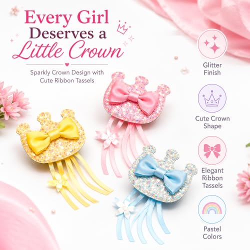 Image of Kids Glitter Crown & Princess Ribbon Alligator Hair Clips, 10 Pcs | Non-slip toddler hair accessories with tassel and storage box. Ideal gift for school, birthday, and princess parties.
