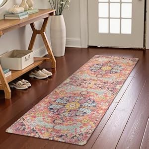 Lahome Reine Bohemian Washable Runner Rugs with Rubber Backing, 2x7 Runners for Hallways, Vintage Floral Soft Non Slip Non-Shedding Stair Carpet Runner for Bathroom Kitchen Laundry, Fuchsia/