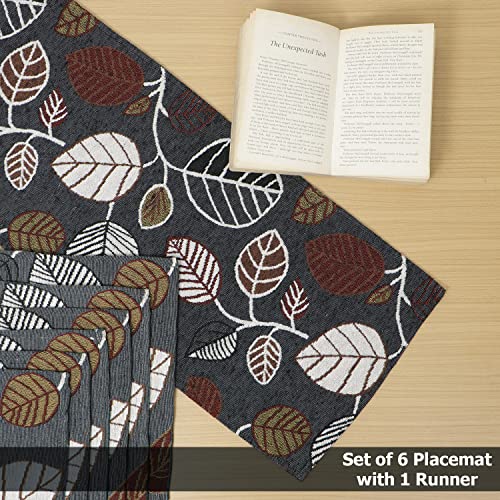 Image of HOKIPO Cotton Jacquard Placemats with Table Runner for Dining Table 6 Seater (IN530-D5*6+IN531) Grey,6 Placemats + 72 Inch Runner, Large