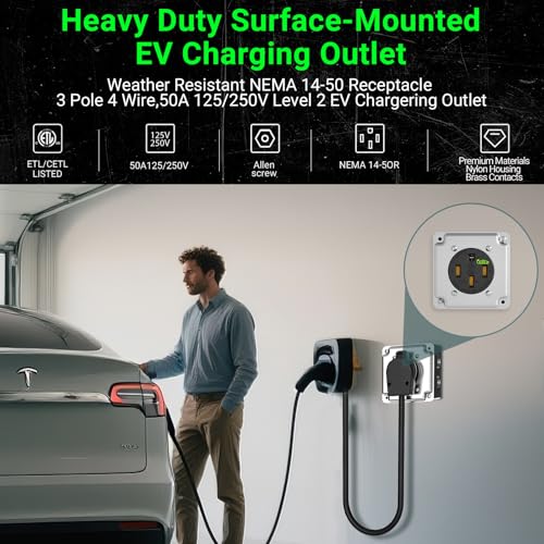 Image of Nema 14-50 EV Outlet (Surface Mount Kit) Weather Resistant 50 Amp EV Charging Receptacle Heavy Duty,2.42 inch Diameter, U-Shaped Brass Clamp -Industrial Grade, 3-Pole 4-Wire Grounding, ETL Listed