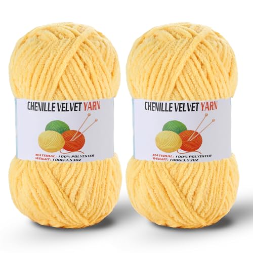 Image of 2 * 100g /3.5oz Fluffy Chenille Yarn for Crocheting, Chunky Velvet Yarn for Crochet Amigurumi, Used for Making Baby Yarns Blanket, Clothes, Pattern Knitting Creations (Yellow)