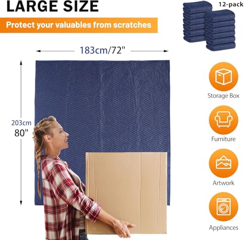 Image of 24 Moving Packing Blankets 80 x 72 Inches (35 lb /dz) Heavy Duty Moving Pads for Protecting Furniture Professional Quilted Shipping Furniture Pads (Dark Blue 24PCS)