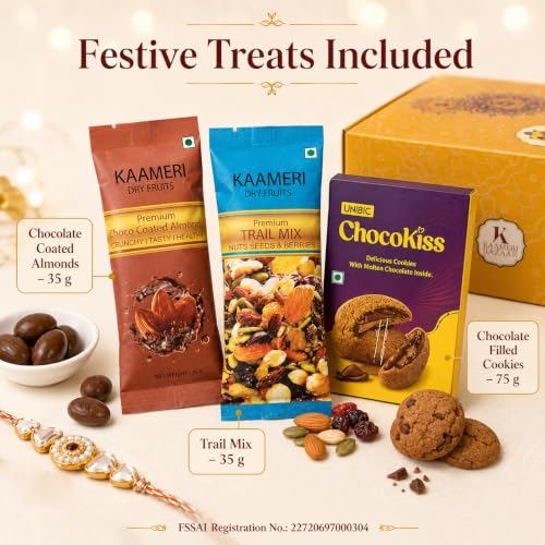 Image of Kaameri Bazaar Kundan Polki Rakhi Set of 5 with Chocolate Coated Almonds 35g, Trail Mix 35g, Chocolate Filled Cookies 75g, Roli Chawal & Greeting Card | Raksha Bandhan Gift Hamper for Brothers