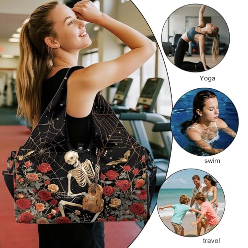 Travel Duffel Bag for Women Large Capacity Overnight Bag with Shoe Compartment Lightweight Sports Fitness Hospital Carry on Bags Halloween Decor Outfits, Red Roses Skeleton2