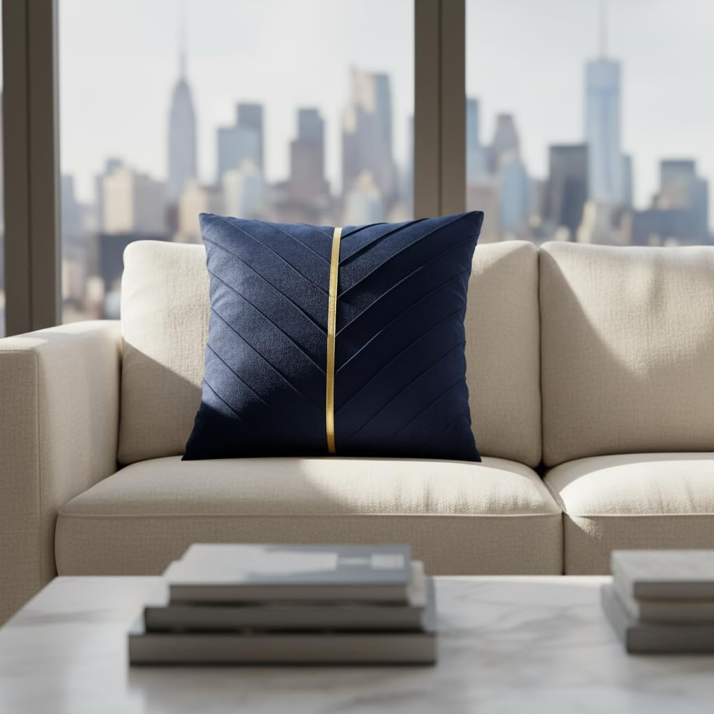 Tosleo Navy Blue Velvet Throw Pillow Covers 18 x 18 inch Pack of 2 with Gold Leather Christmas Decorative Couch Pillowcases Luxury Modern Pillow Cover Spring Home Decor for Sofa Bed Living Room - Image 6