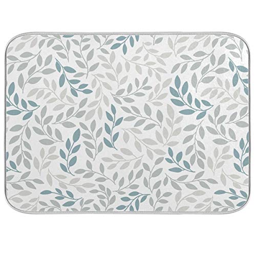Grey and Blue Leaves branches Dish Drying Mat 18x24 for Kitchen Gray Leaves Botanical Spring Flowers Dishes Pad Dish Drainer Rack Mats Absorbent Fast Dry Kitchen Accessories