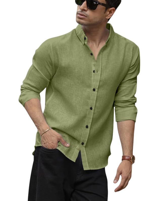 Image of Men's Solid Linen Cotton Shirt Casual Plain Full Sleeve Summer-Regular Fit Men Stylish Shirt DARK-LINEN-01