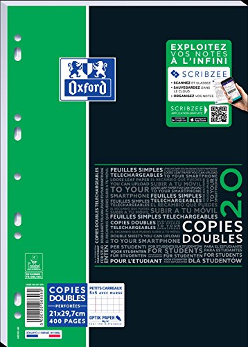 Oxford Etudiants SOS Notes Feuille Double Petits Carreaux 400 Pages A4 Blanc
