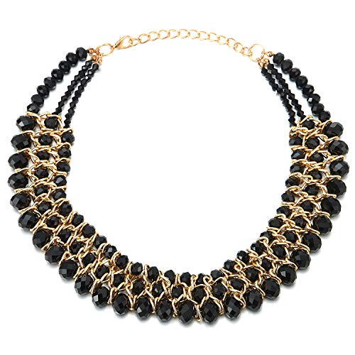Statement Necklace Black Faceted Crystal Beads String 18K Gold-Plated Braided Chain Pendant