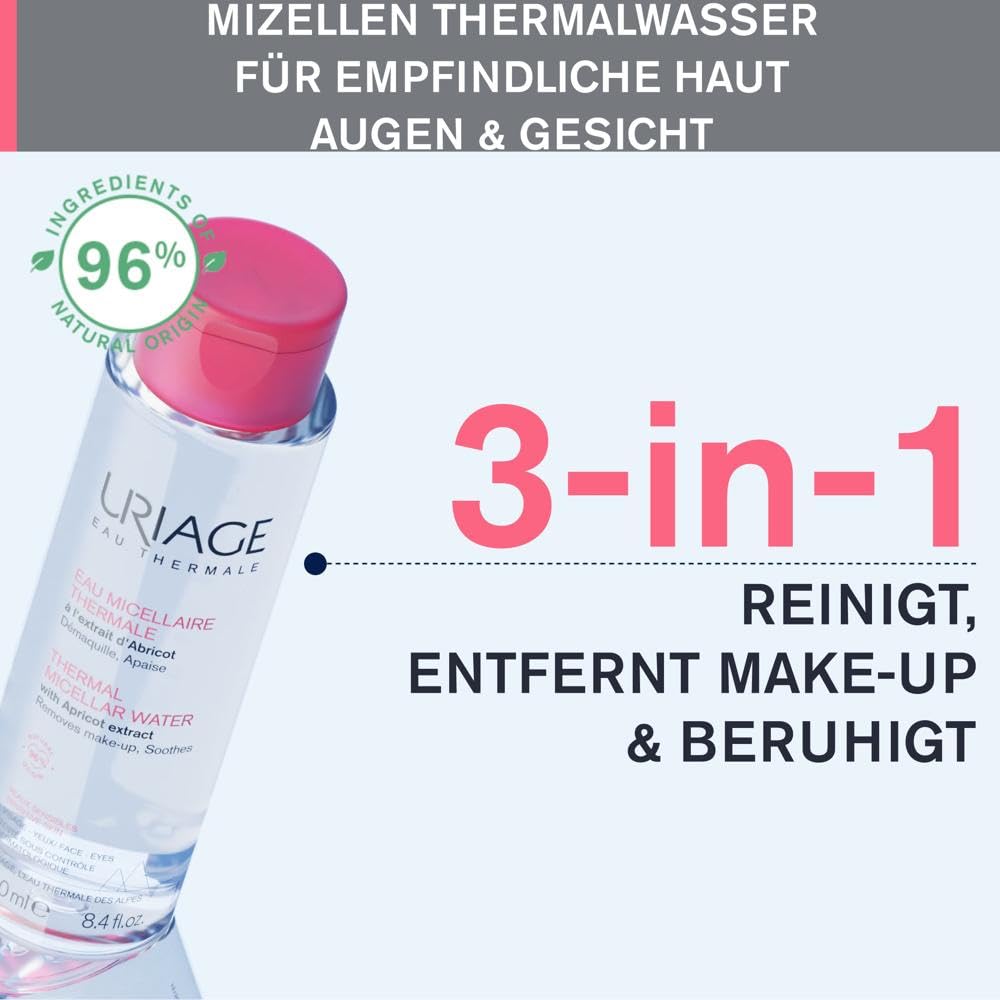 Uriage Mizellen Thermalwasser für Empfindliche Haut - Gesicht & Augen - 3-in-1: Reinigt, entfernt Make-up & Beruhigt - fruchtig-blumiger Duft - 96% Inhaltsstoffe Natürlichen Ursprungs - 500ml