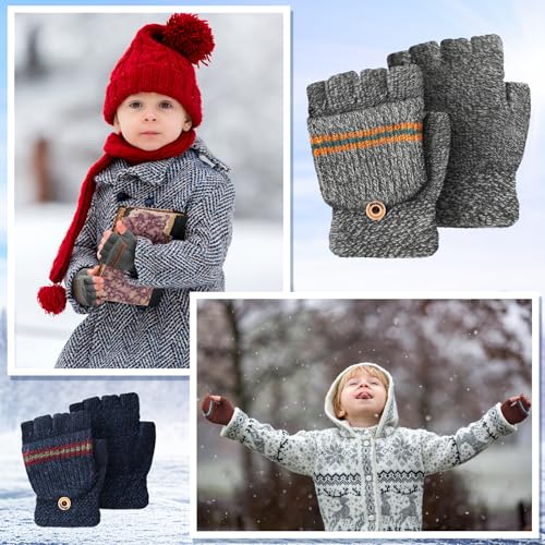 Image of Yahenda 4 Pairs Kids Mittens Fingerless Gloves Winter Knitted Convertible Mittens for Toddler Boy Girl Aged 5-10