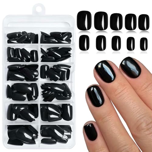 LunarCharm 240 pezzi di unghie finte nere quadrate corte a pressione copertura completa per principianti fai da te