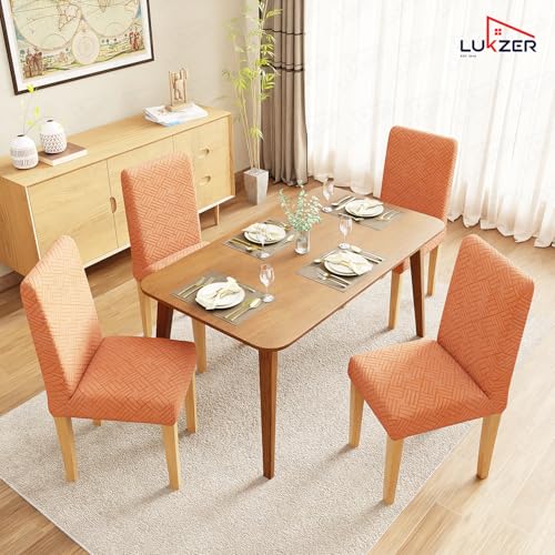 Image of Lukzer Elastic Dining Chair Cover - 4PC Pastel Orange Abstract | Textured High Stretch Jacquard Seat Cover | Removable Washable Short Dining Chair Cover Protector Seat Slipcover | (CC-169-04)