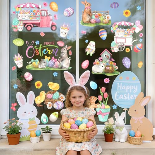 9 Stück Fensterbilder Ostern Deko, Bunt Oster Fensteraufkleber Selbstklebende Hasen Ostereier, Fenstersticker Wiederverwendbar Fensterdeko für Frühling Osterdeko Glas Kinderzimmer