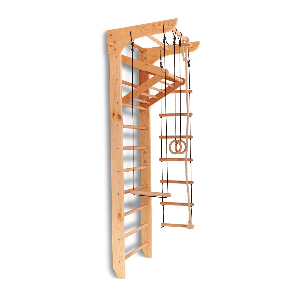 Sportgerät Kletterwand Klettergerüst Fitness Kinder-4-240-BLACK Rope Holz Sprossenwand mit Stange Turnwand Kinder Gym, EU-Warenlager, Zertifikat!