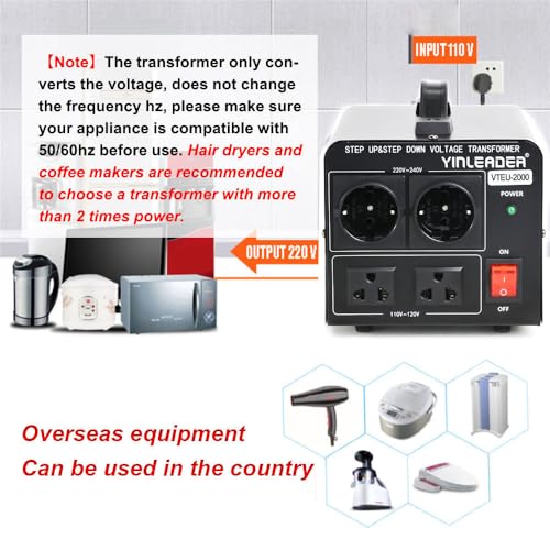 Image of 2000W Step Up /Down EU Voltage Transformer Converter 110V to 220V | OR Convert 220V to 110V Voltage Converter with 2US&2 EU outlets [110V US Power Cord Included Only, No 220V Cord]