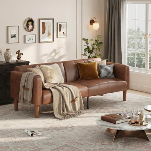 Image of GarveeHome Futon Sofa Bed, 75-Inch Modern Faux Leather Convertible Couch, Mid-Century Loveseat for Small Space, Living Room, Bedroom, Brown