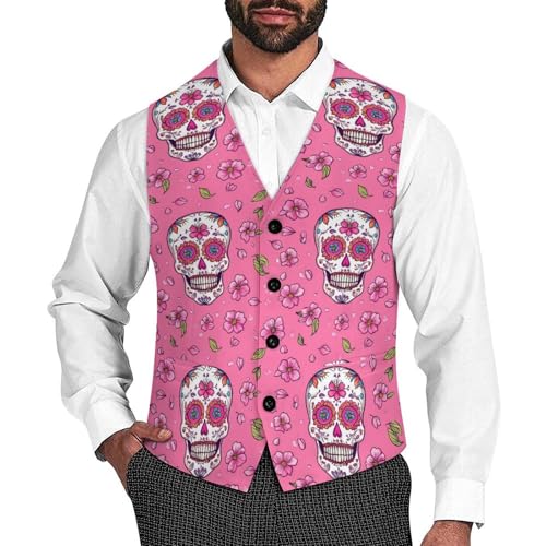 Skull Cherry Flowers Men's Suit Vests Business Formal Dress Vest V-Neck Waistcoat for Wedding Casual