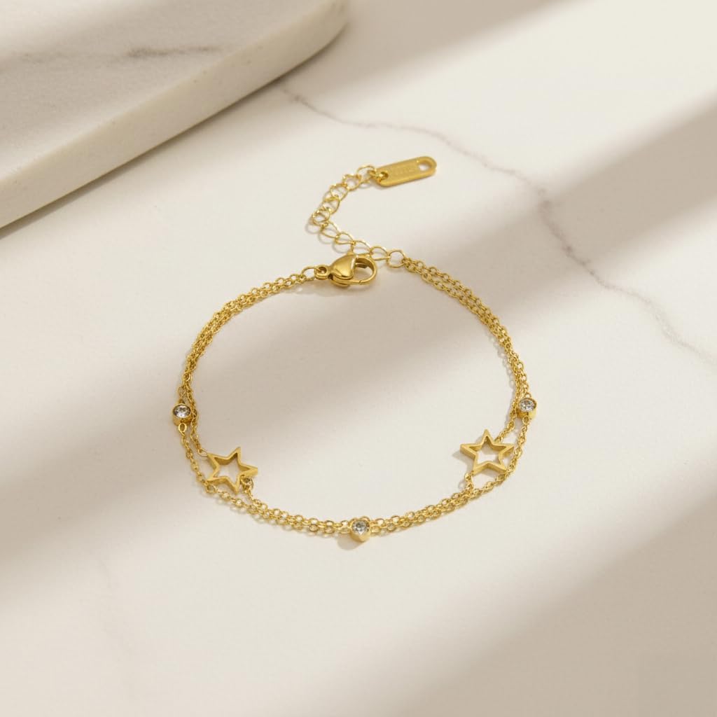 18K Gold Plated Star & Crystal Charm Bracelet for Women, Double Layer Adjustable Chain Bracelet, Fashion Dainty Jewelry Gifts for Women - Image 4