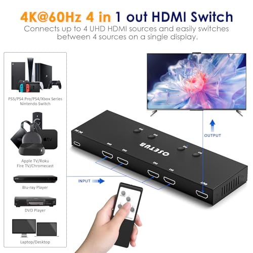 Image of 4K@60Hz 4 in 1 Out HDMI Switch, 4 Port HDMI Switcher Selector Support HDR10 & HDCP 2.2 & Full 3D with IR Remote Control Compitable with Nintendo Switch,Xbox PS5 /4,Fire Stick,Roku,Apple TV for Gaming