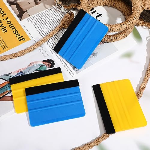 Image of Lasnten 50 Pcs Plastic Vinyl Squeegee 4 Inch Felt Edge Squeegee for Car Window Windshield Glass Cleaning Tool Vinyl Scraper Decal Applicator Tool with Black Fabric Felt Edge, Blue Yellow