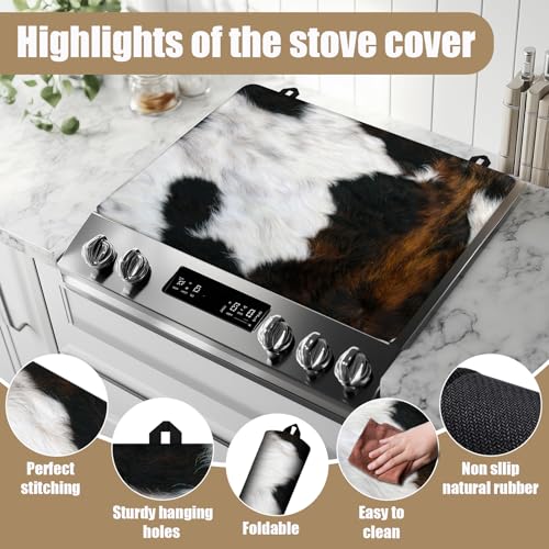 Image of Brown Cowhide Stove Top Covers for Electric Stove, Cow Skin Electric Gas Stove Pad Heat Resistant Range Cooktop Protector for Home Decor Kitchen 28 inchx20 inch