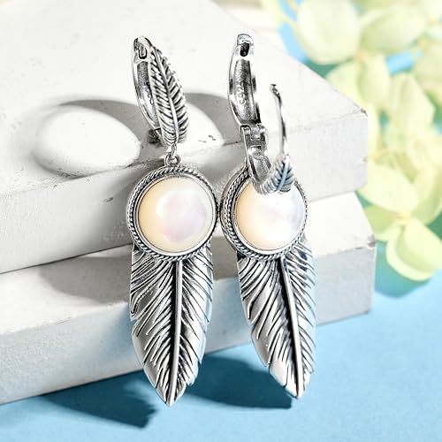 Feather Earrings for Women with 10mm Round Moss Agate/Moonstone/Mother of Pearl 925 Sterling Silver Dangle Earrings Lever Back Drop Earrings Jewelry Gifts for Her4
