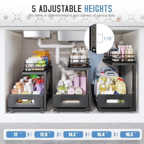 Image of Under Sink Organizer Upgrade To Professional Rails,2-Tier Dual Pull Out Cabinet Storage,Height Adjustable Slide Out Drawers For Bathroom Kitchen,2 Pack-21 inchDx12.8 inch-16.9 inchH,Black