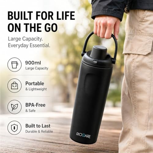 Image of Rioware 900ml Vacuum Insulated Tumbler with Flip Cap | 304 Grade Steel | 8 Hrs Hot & 14 Hrs Cold | Leakproof Travel Coffee Mug | Large Capacity Water Bottle with Handle | BPA Free- Black