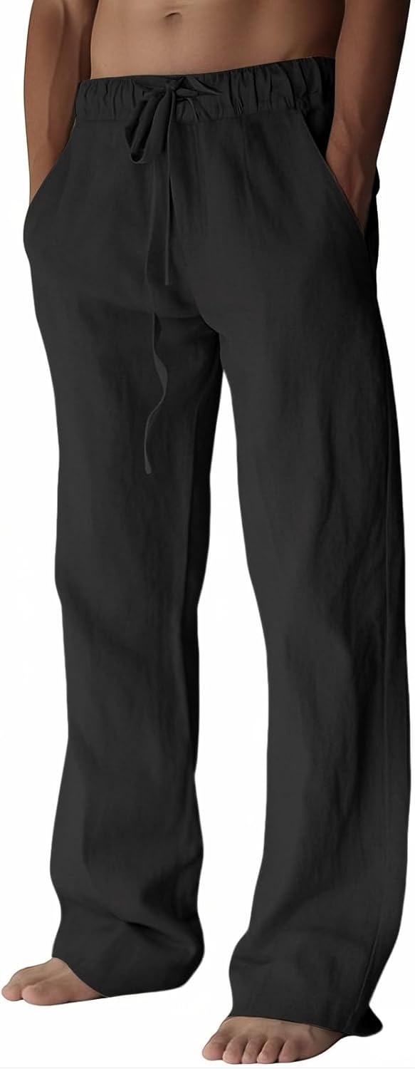 PIDOGYM Mens Cotton Linen Pants, Summer Beach Pants Casual Loose Fit with Elastic Waist Drawstring