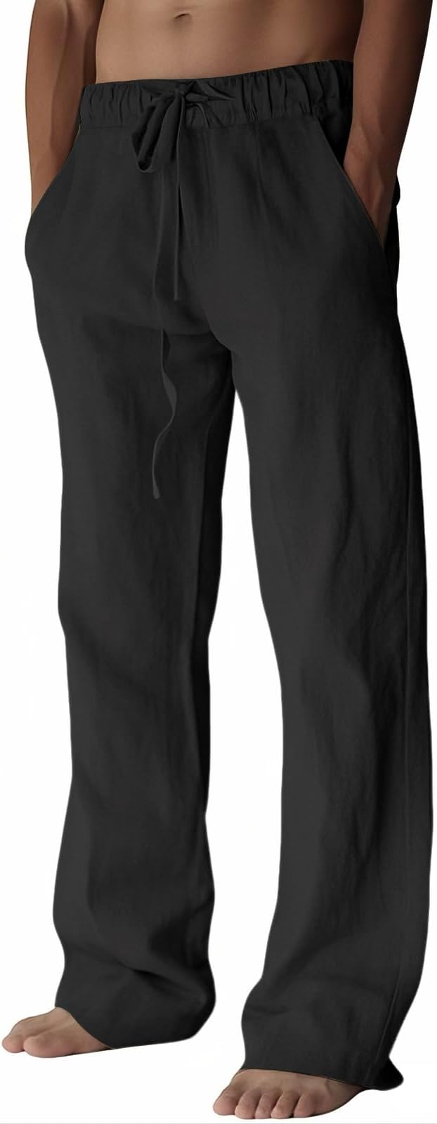 Mens Cotton Linen Pants, Summer Beach Pants Casual Loose Fit with Elastic Waist Drawstring