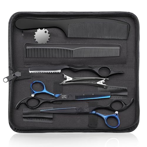JASON Set de Ciseaux de Coiffure Professionnels 10 Pièces - Coupe et Taillage, 6.5 Pouces, Bleu Noir